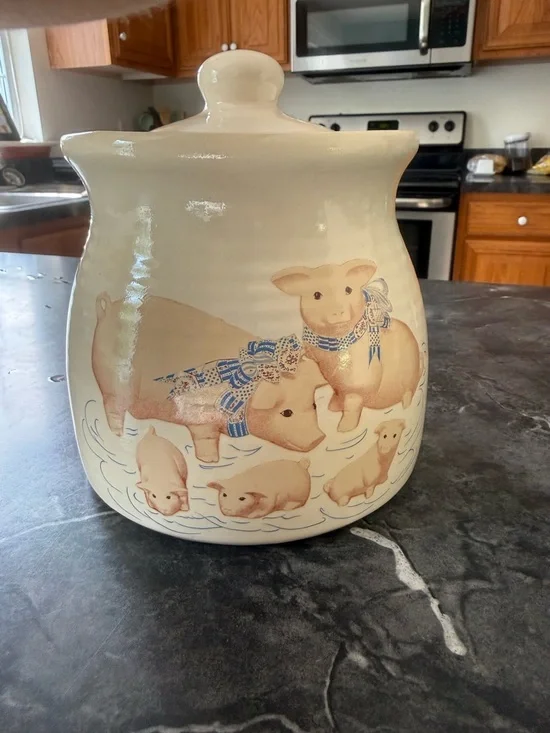 Vintage Ceramic Cookie Jar Blue Accented Piggy Piglet Design Farmhouse Decor Pig